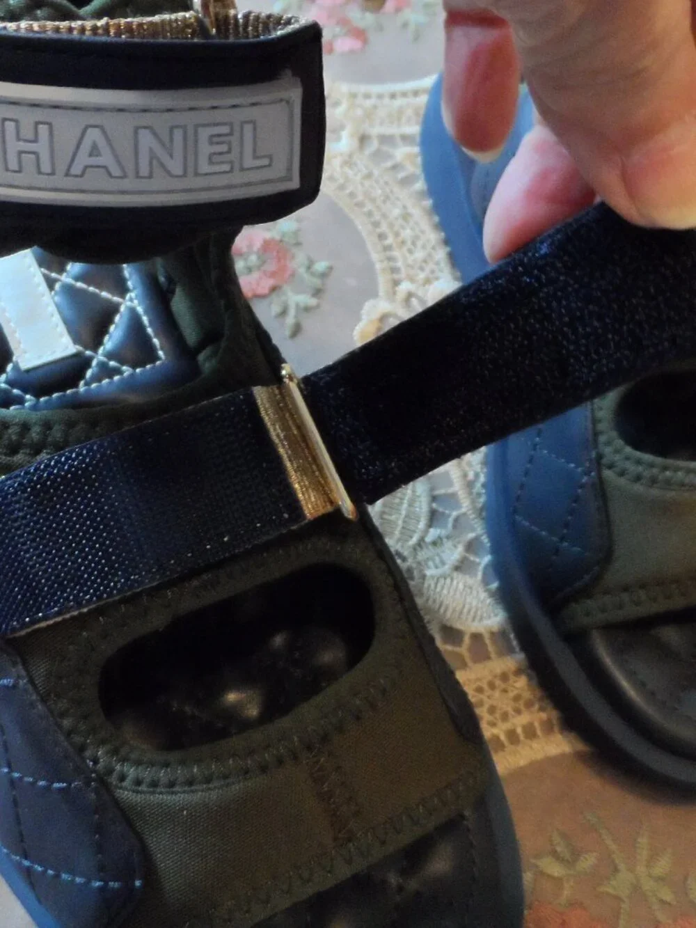 New Chanel Navy Blue & Army Green Gladiator Sandals Size 36C